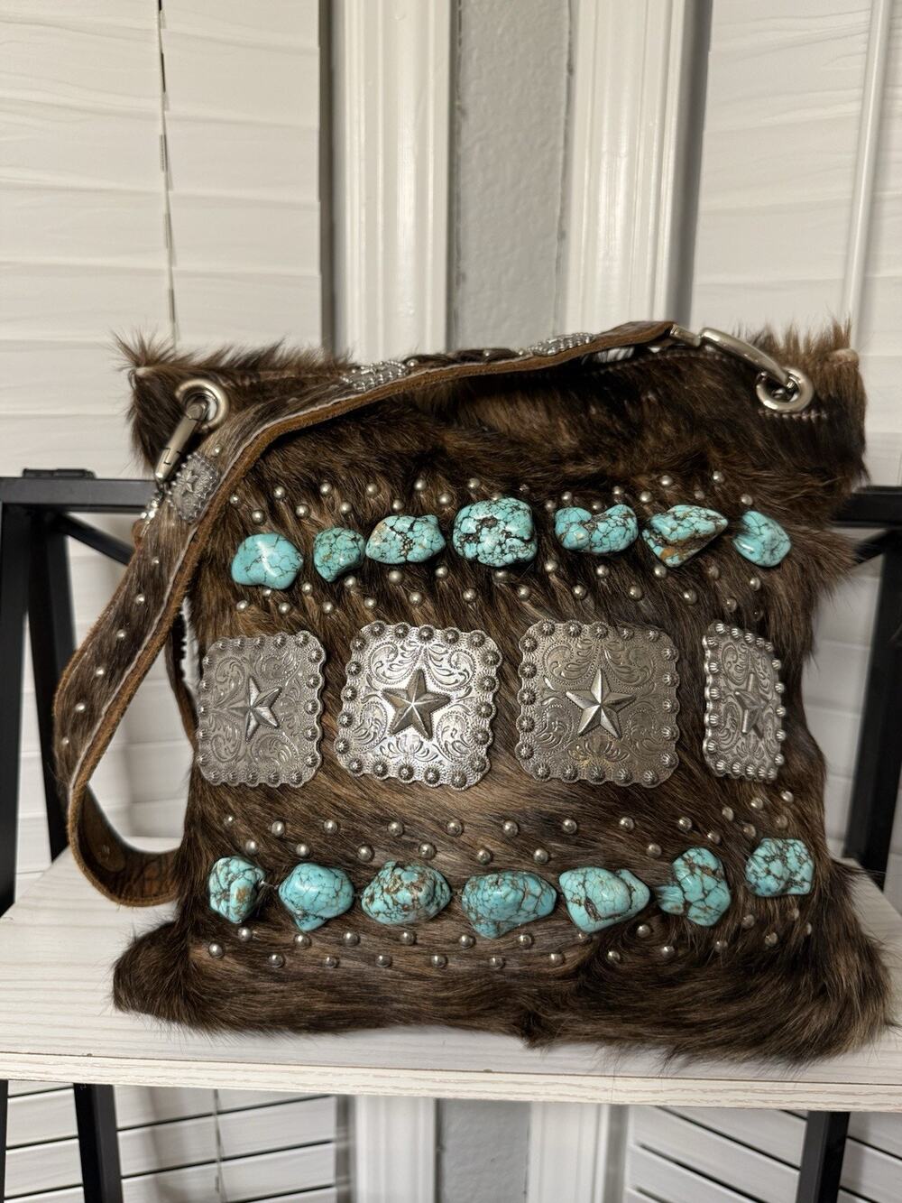 Wrangler Rodeo Hair On Hide Leather Western Purse Turquoise Concho Handmade TX